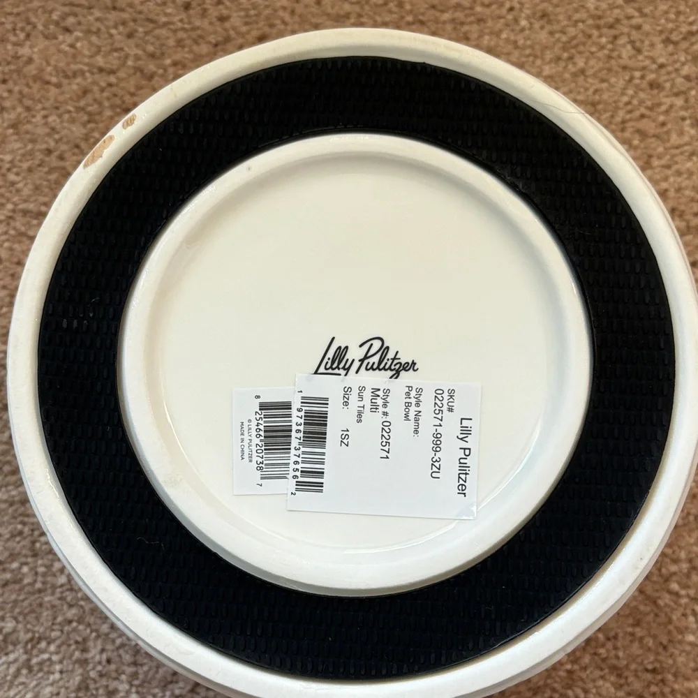Lilly Pulitzer Pet White Ceramic Bowl with Yellow Sun Motif